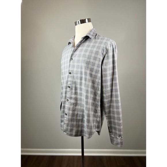 Theory Men’s Plaid Grid Flannel Button Down Shirt Size XL Cream Gray - Picture 1 of 7
